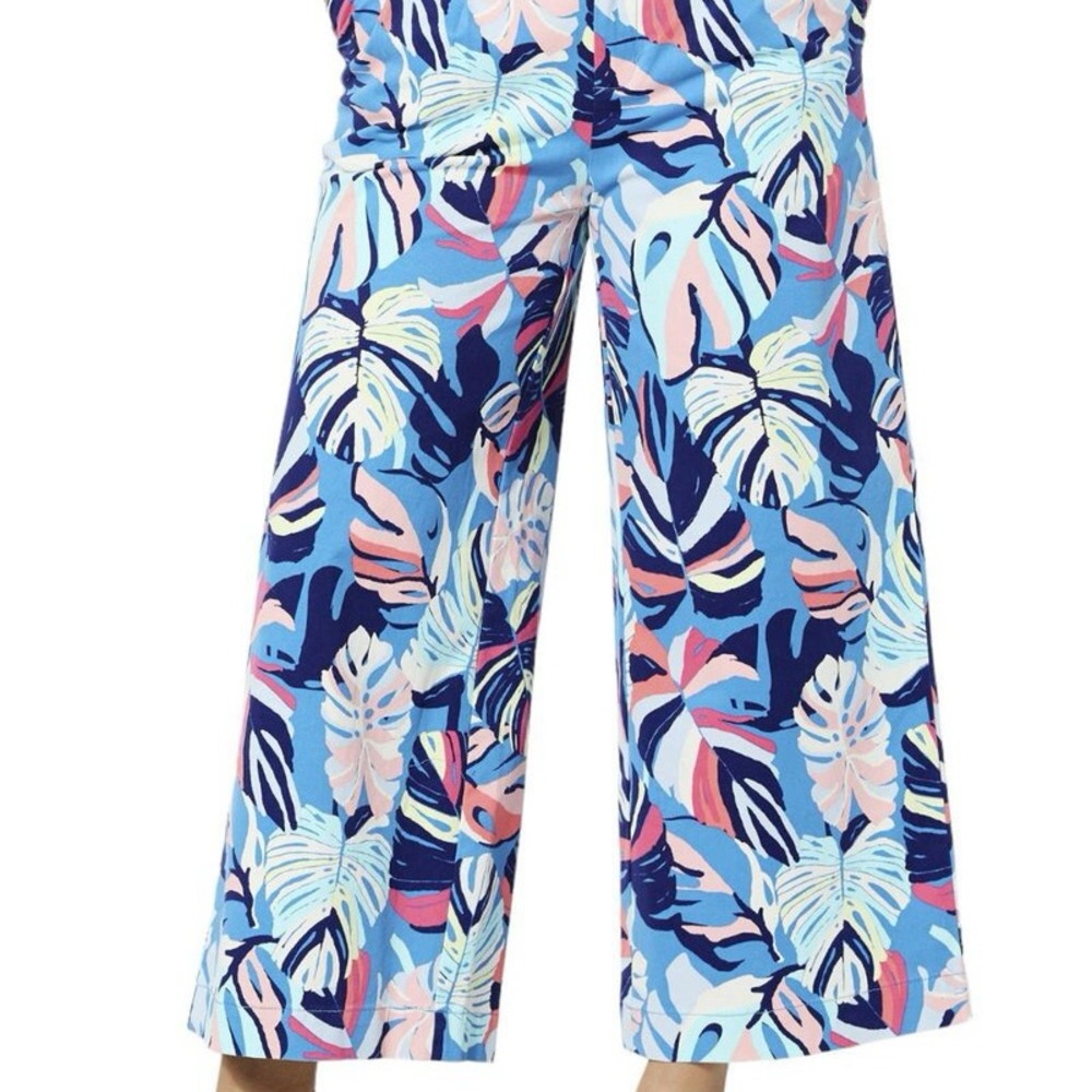 NWT IMAN Global Chic Wide-Leg Cotton Twill Crop Pants Tropical Stretch Blue 18W